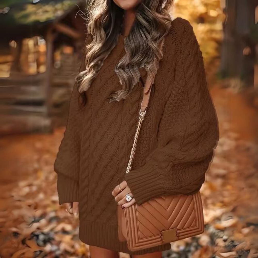 Women's Long Sleeve Jumper Dress | Cable Knit Lantern Sleeves