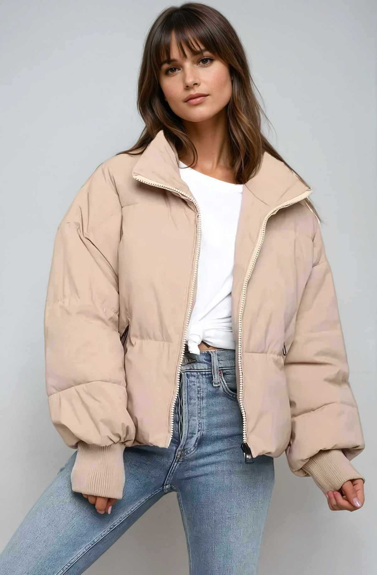 Women's Quilted Puffer Jacket | High Neck With Ribbed Cuffs