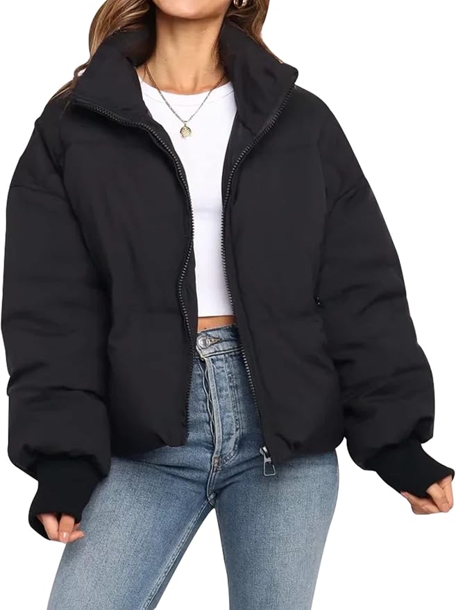 Women's Quilted Puffer Jacket | High Neck With Ribbed Cuffs
