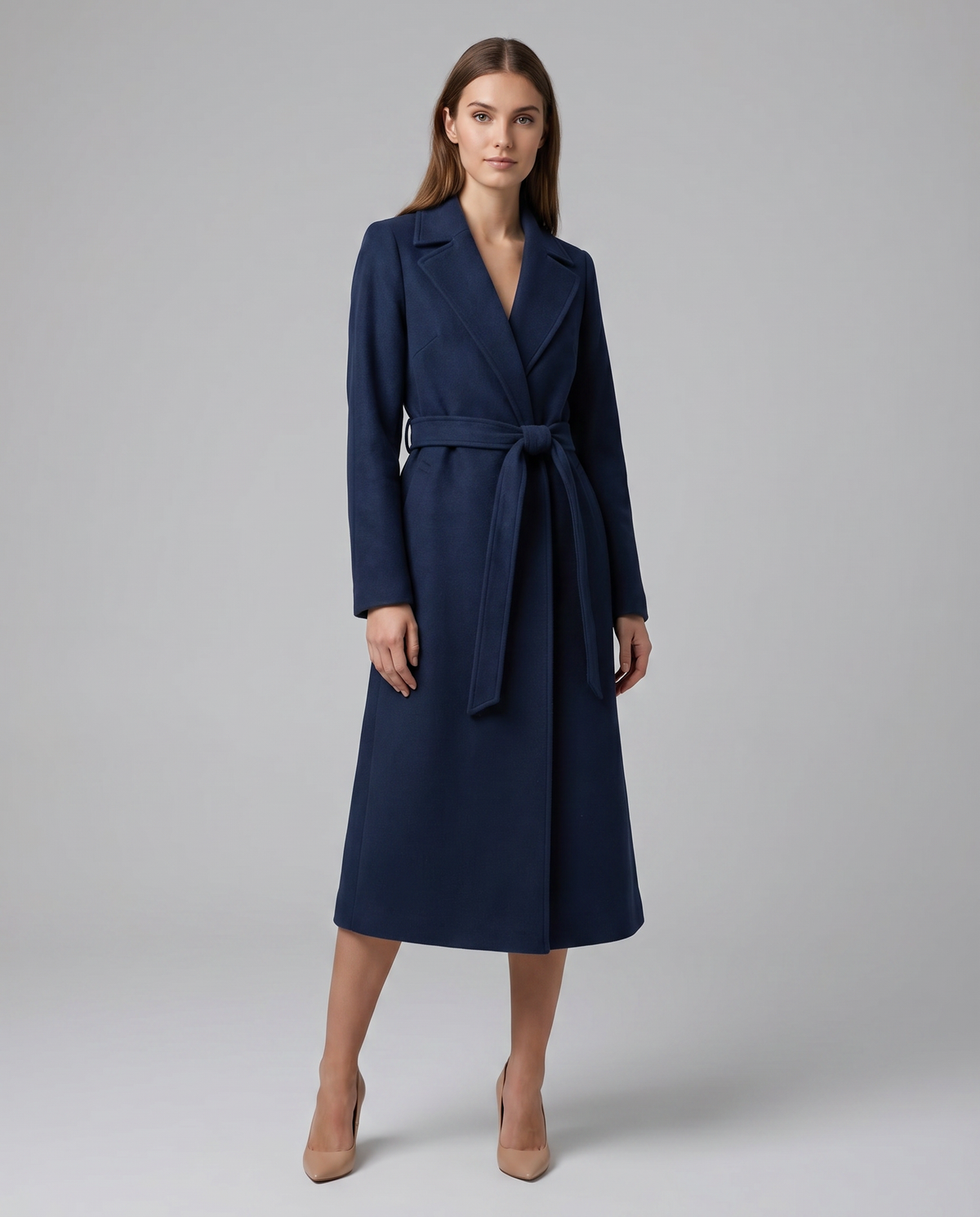 Women's Navy Wool Blend Trench Coat | Long Winter Coat