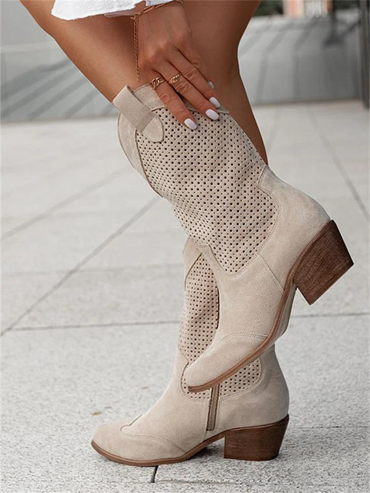 Women's Cowboy Boots | Perforated Leather Low Block Heel