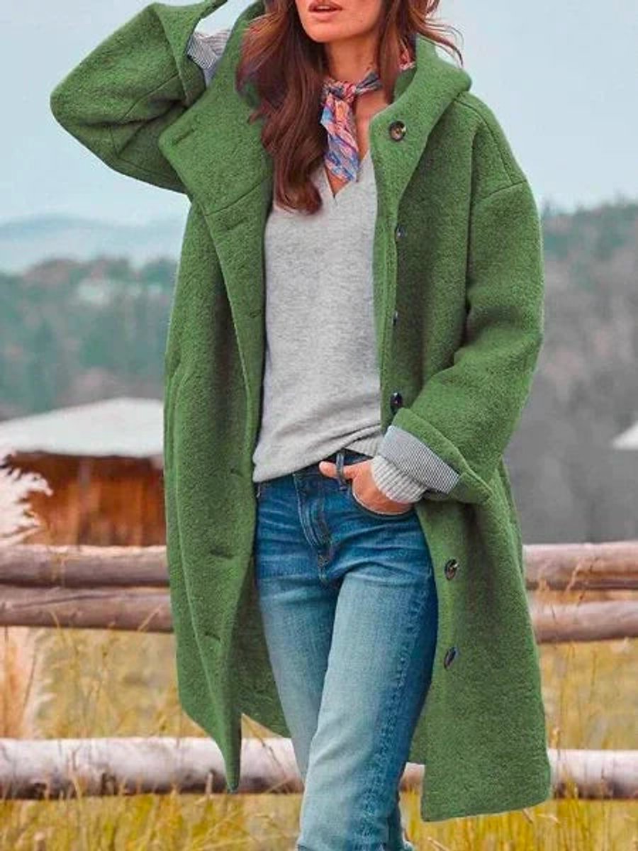 Women's Hooded Winter Coat | Longline Fleece With Buttons