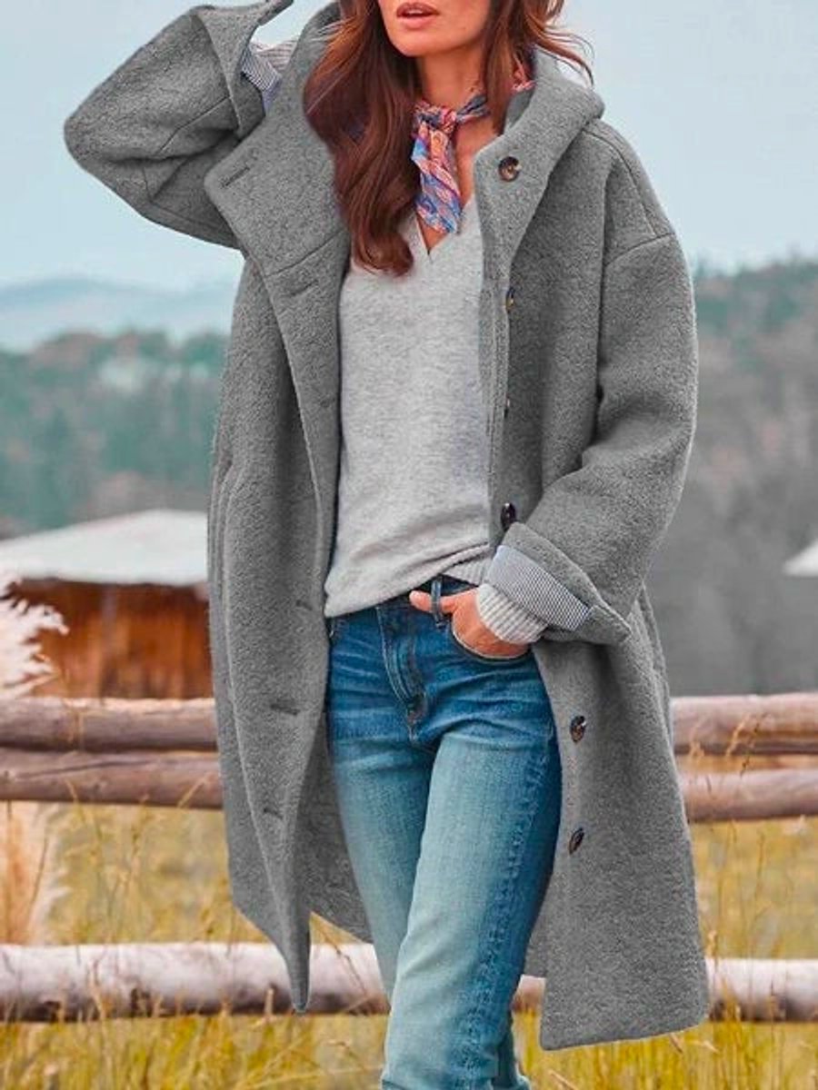 Women's Hooded Winter Coat | Longline Fleece With Buttons