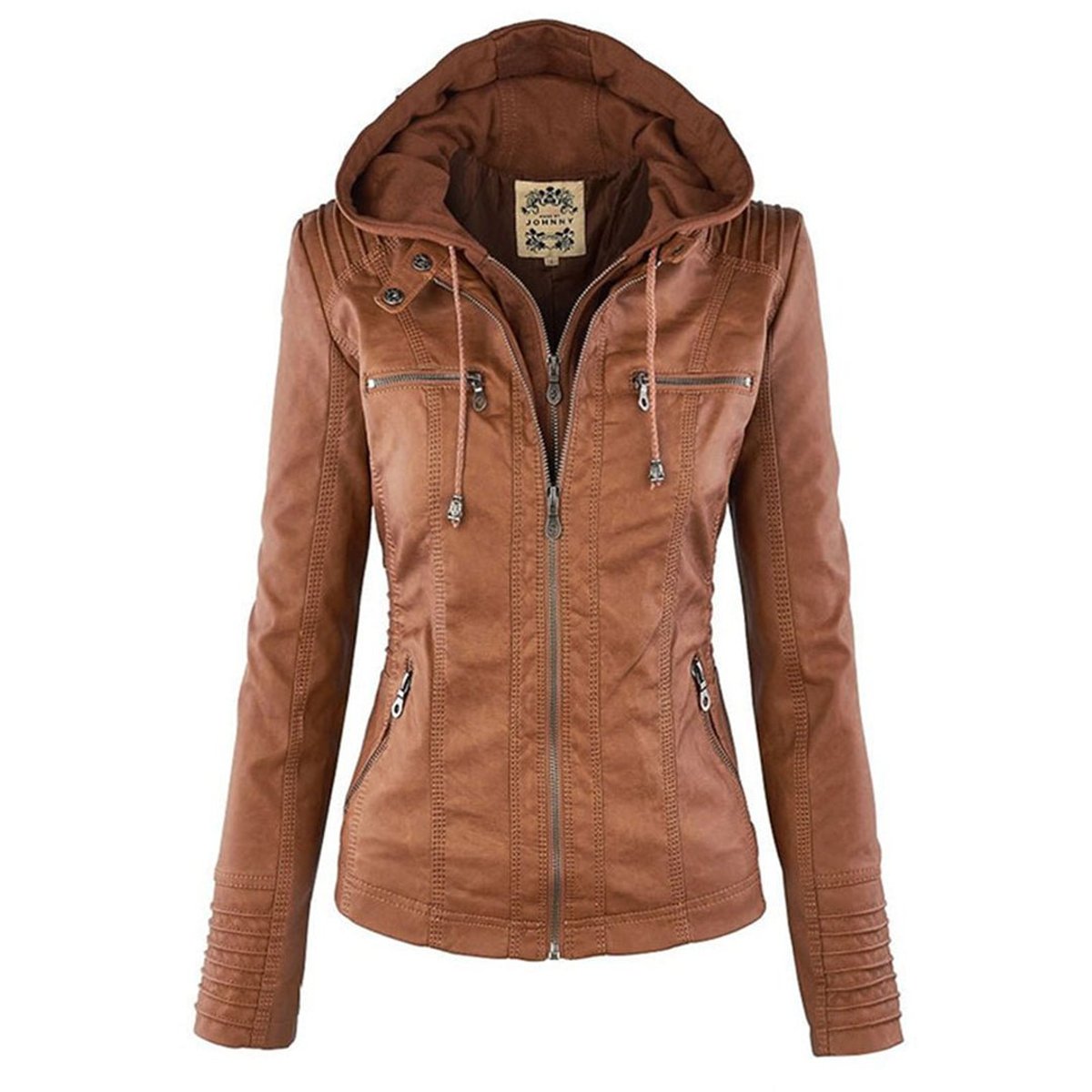 Women's Faux Leather Jacket | Hooded Biker Style With Zip