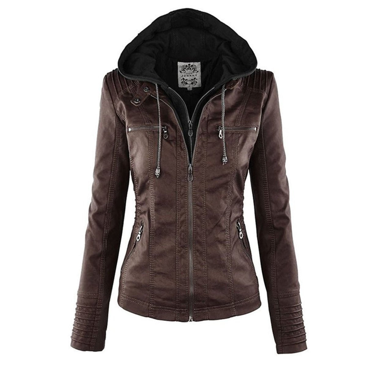 Women's Faux Leather Jacket | Hooded Biker Style With Zip