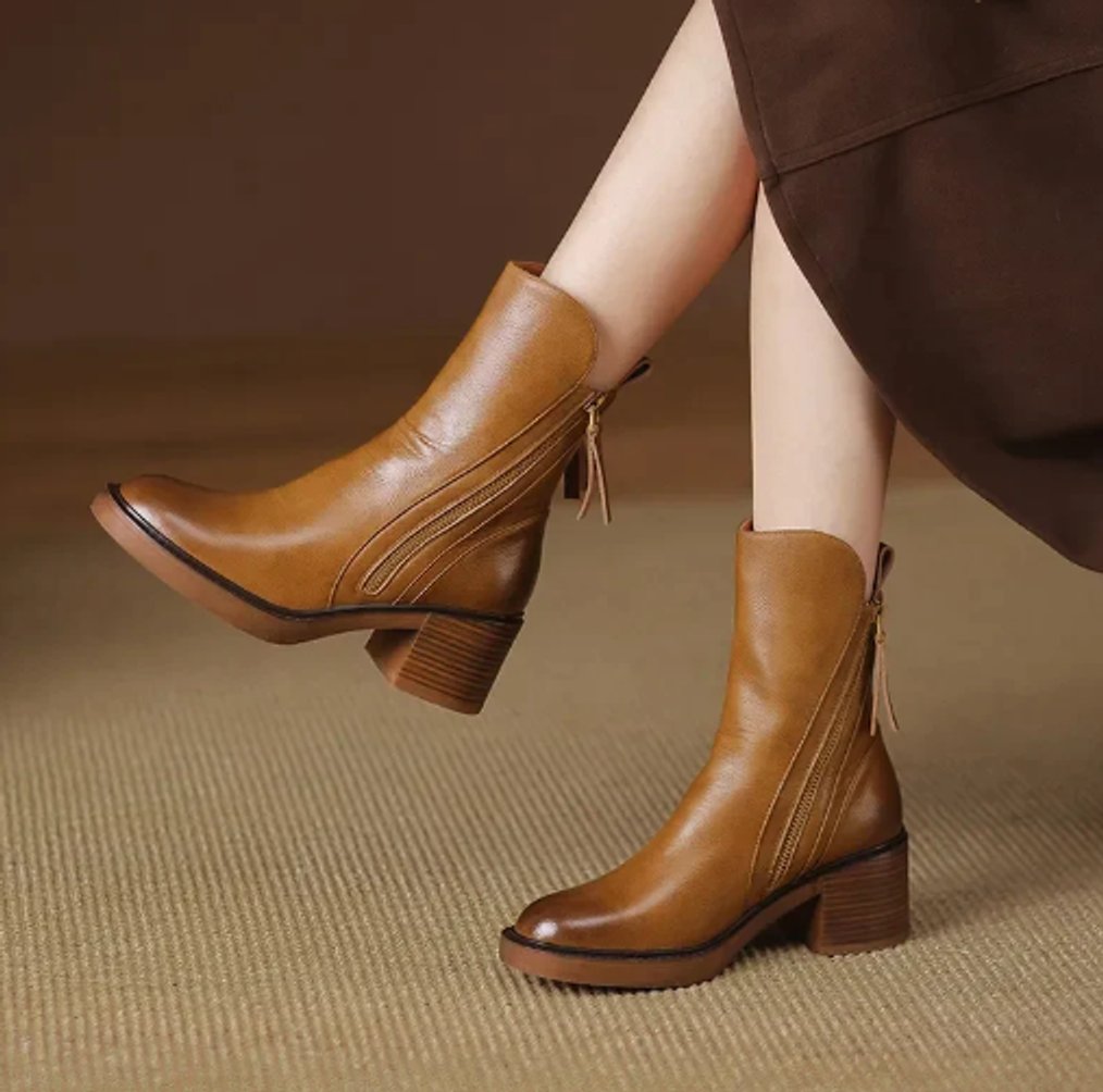 Women's Leather Ankle Boots | Block Heel & Side Zip
