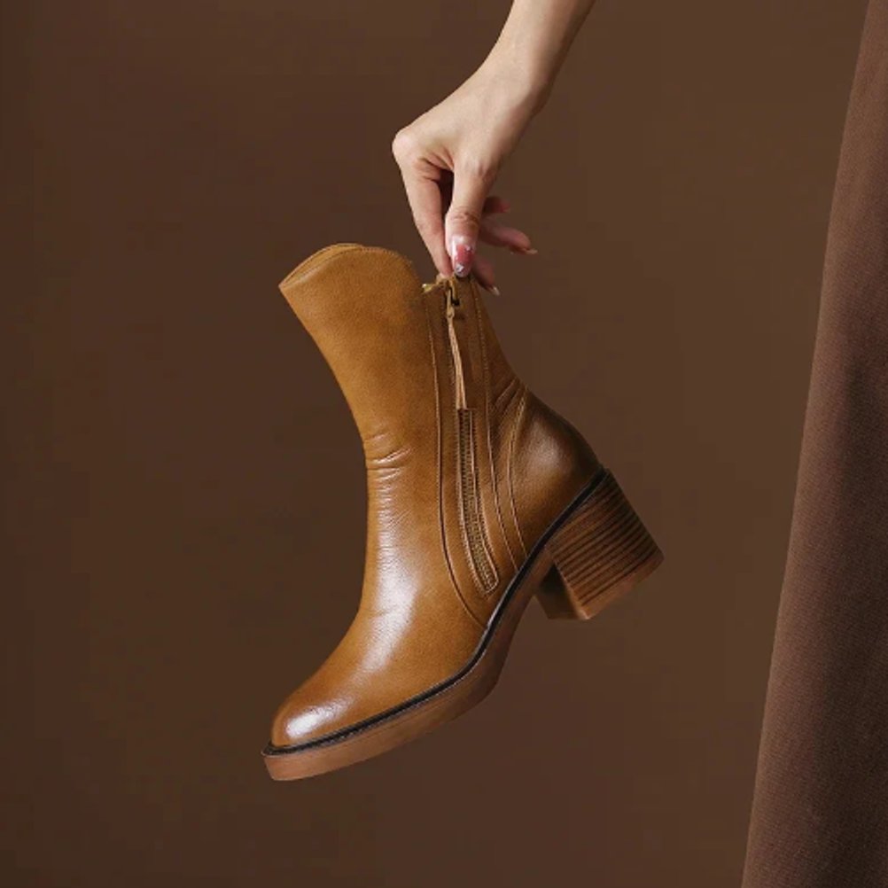 Women's Leather Ankle Boots | Block Heel & Side Zip