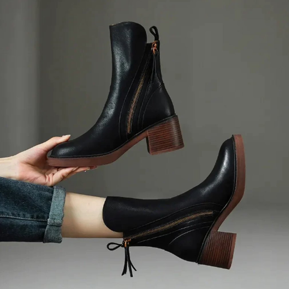 Women's Leather Ankle Boots | Block Heel & Side Zip