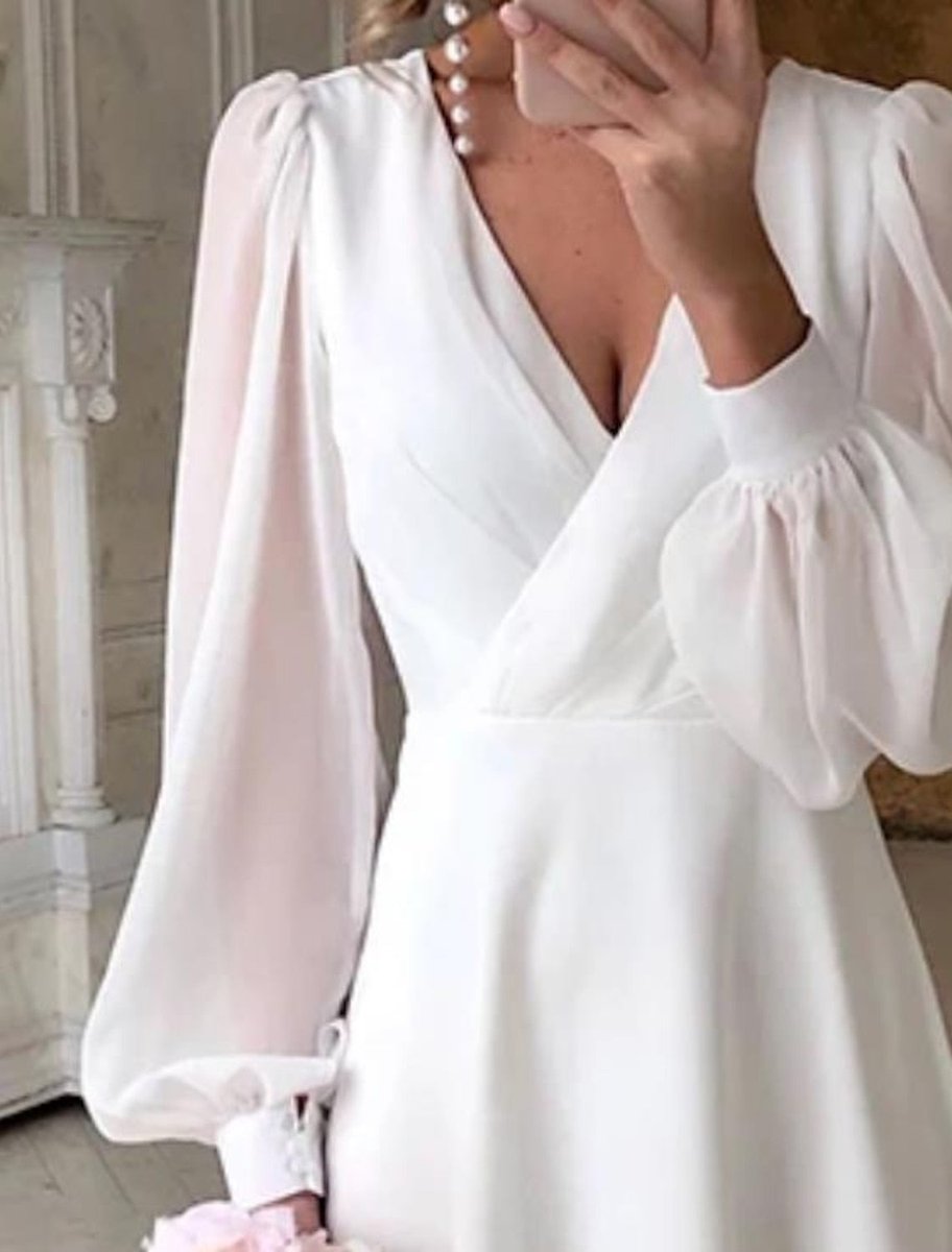 Women's White Long Sleeve Midi Dress | V-Neck Puff Sleeves