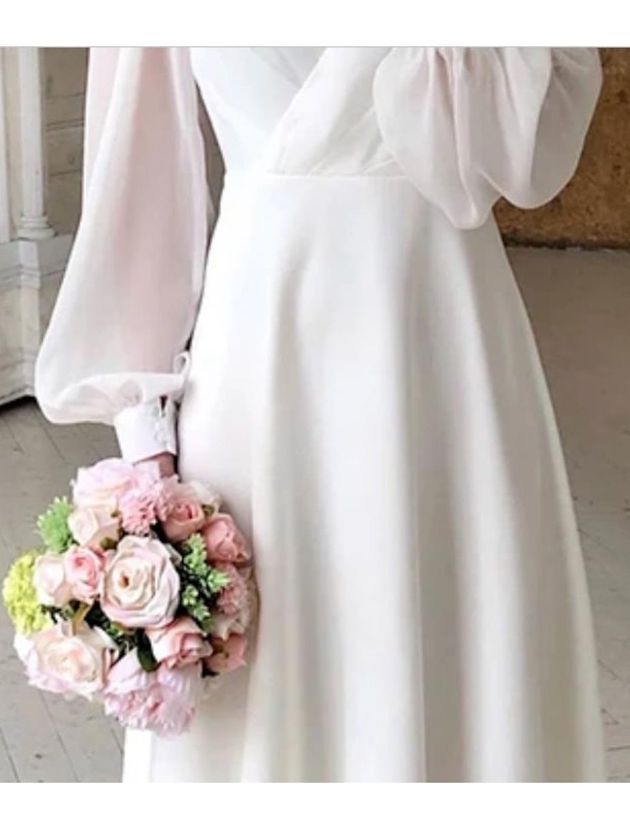 Women's White Long Sleeve Midi Dress | V-Neck Puff Sleeves