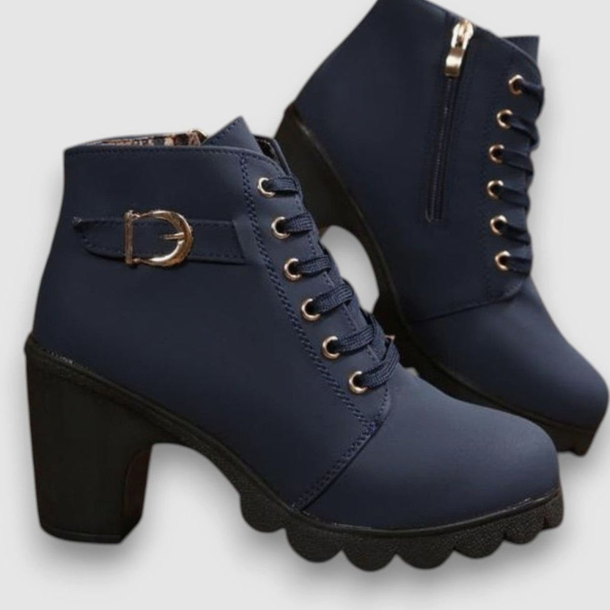 Women's Lace-Up Ankle Boots | Block Heel, Side Zip & Buckle
