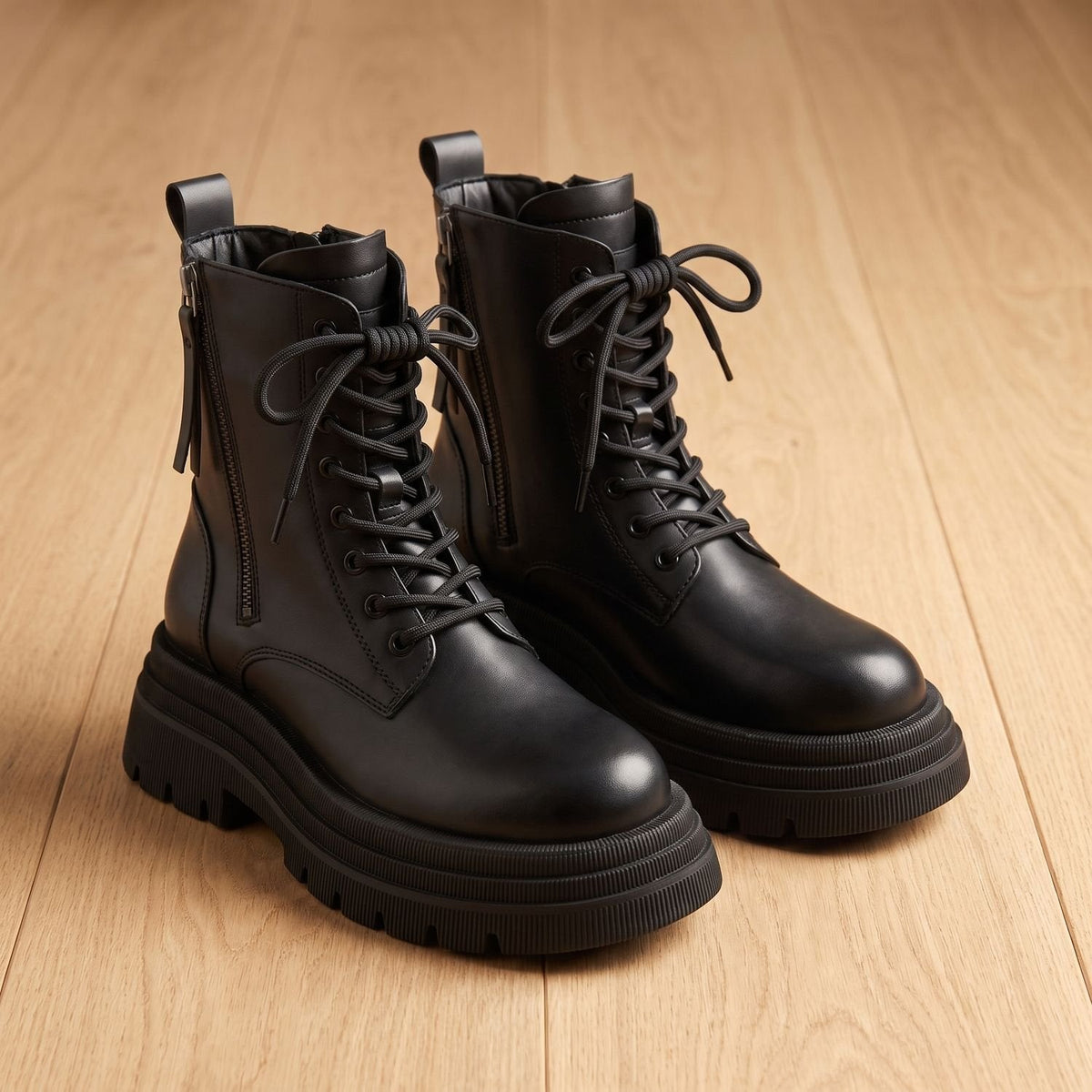 Women's Black Chunky Ankle Boots | Platform Lace-Up With Zip