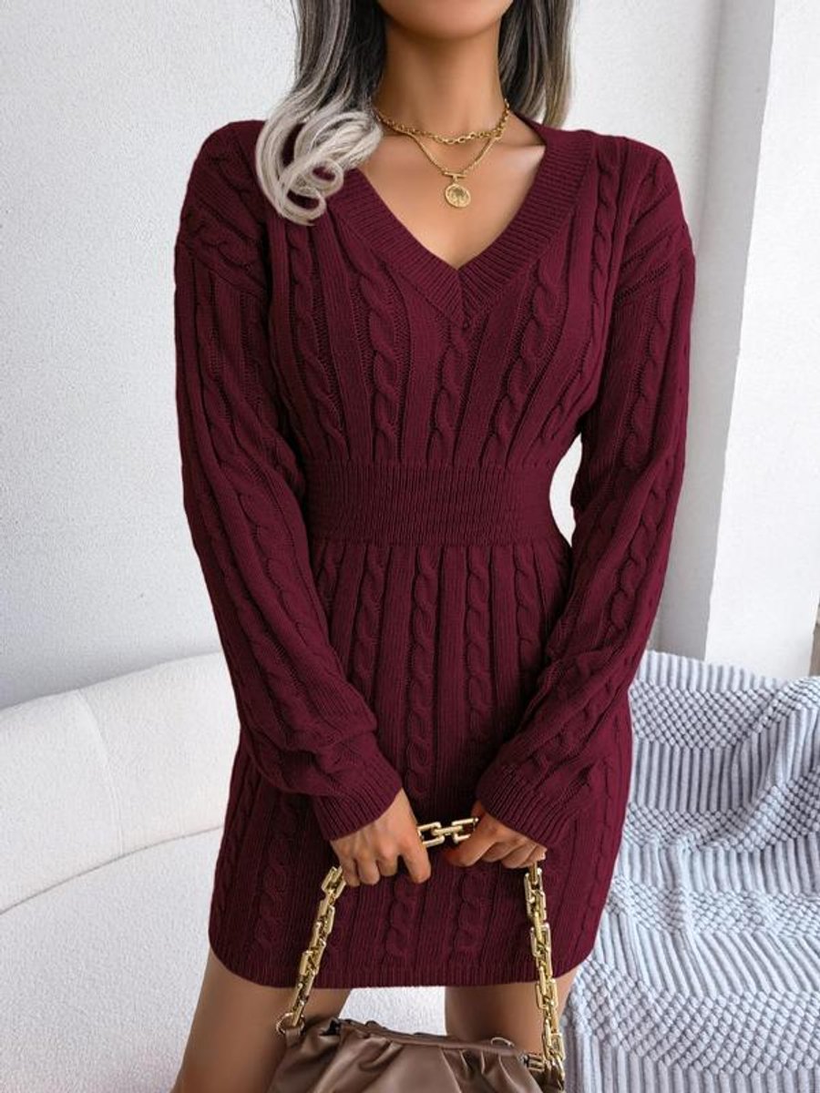 Women's Long Sleeve Knit Dress | Fitted V-Neck