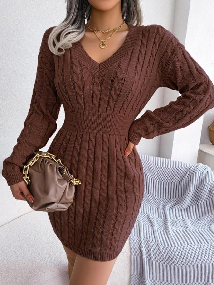 Women's Long Sleeve Knit Dress | Fitted V-Neck