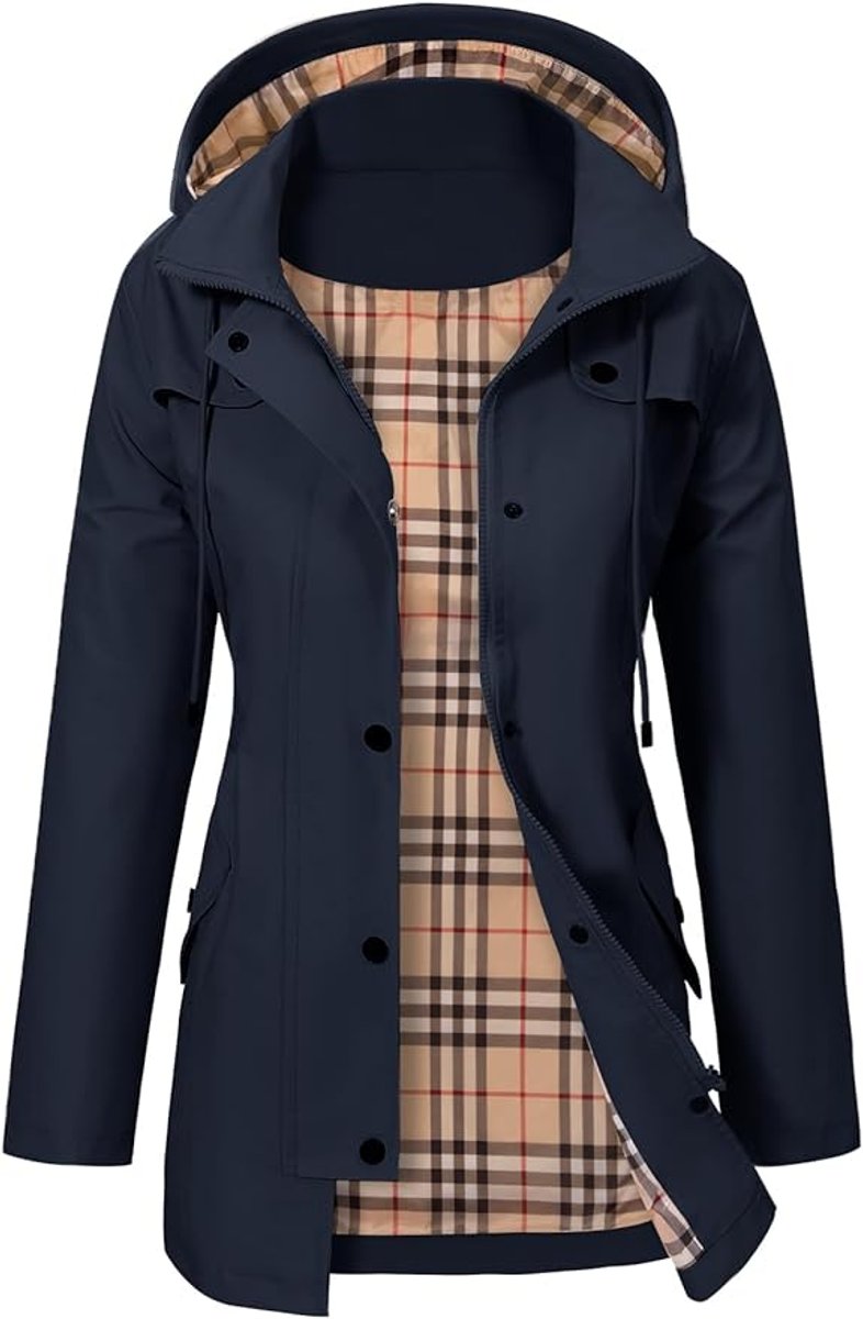 Women's Waterproof Hooded Coat | Checked Fleece-Lined Raincoat