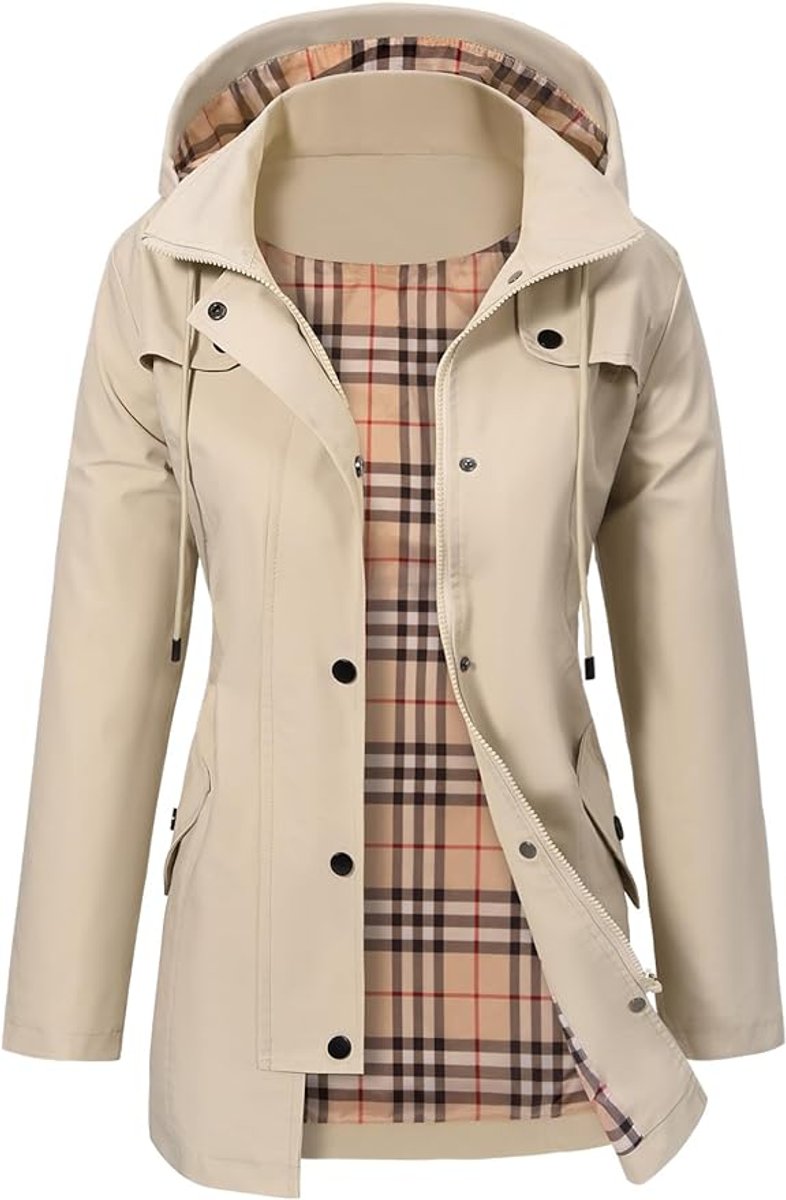 Women's Waterproof Hooded Coat | Checked Fleece-Lined Raincoat