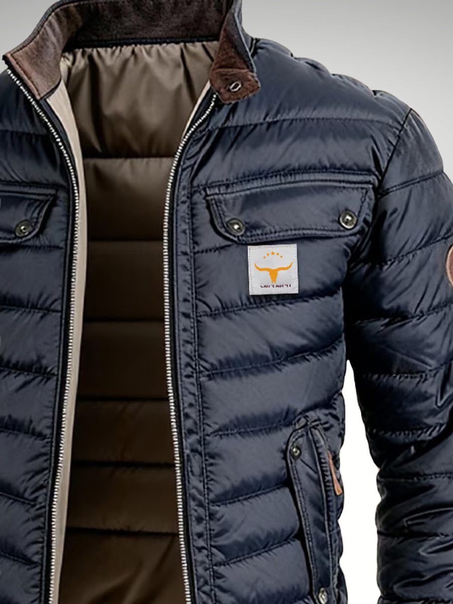 Men's Navy Quilted Puffer Jacket | Stand Collar Winter Coat