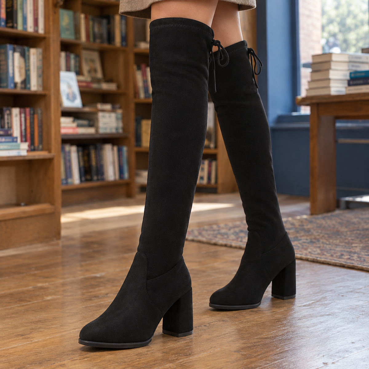 Women's Black Suede Ankle Boots | Block Heel & Drawstring | Empoli