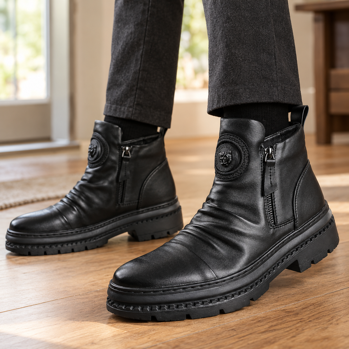 Women's Black Faux Leather Ankle Boots | Ruched With Zip | Ostuni