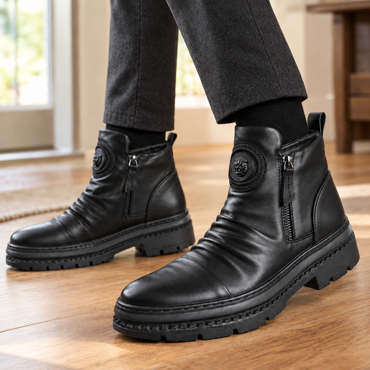 Women's Black Faux Leather Ankle Boots | Ruched With Zip | Ostuni