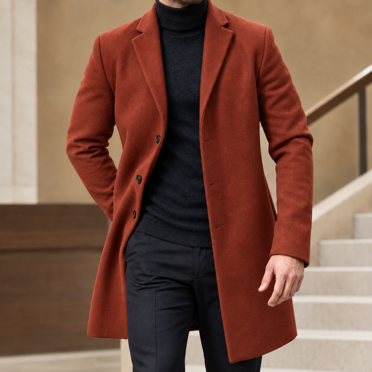 Men's Tailored Coat | Single-Breasted Mid-Thigh Length