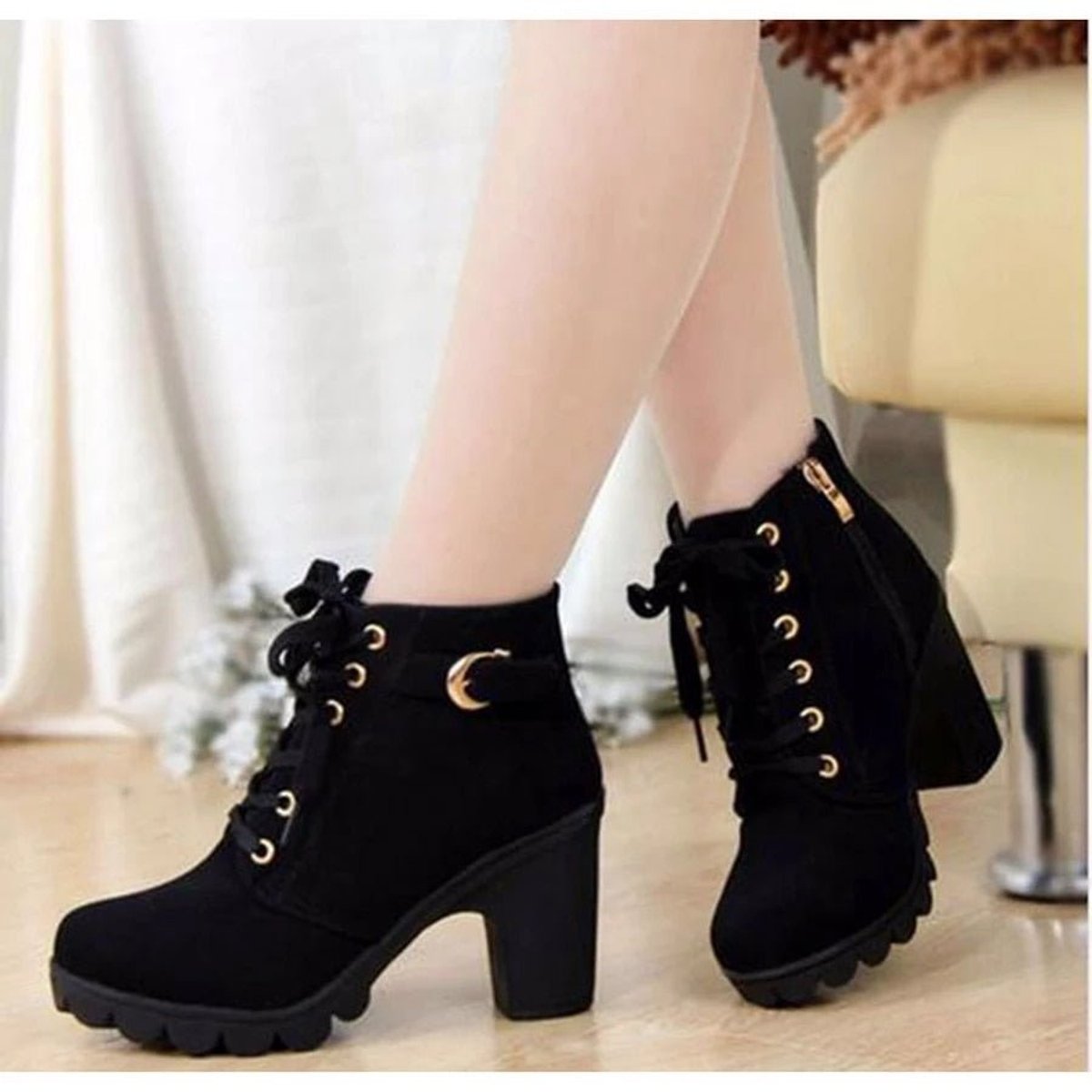 Women's Lace-Up Ankle Boots | Suede-Look Block Heel