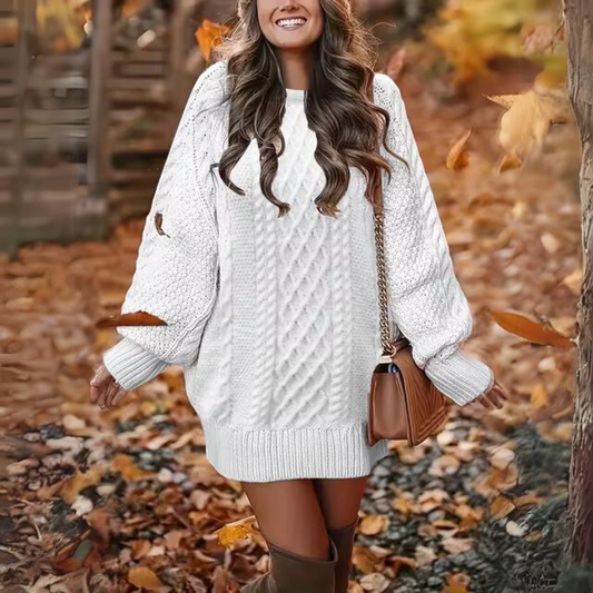 Women's Long Sleeve Jumper Dress | Cable Knit Lantern Sleeves