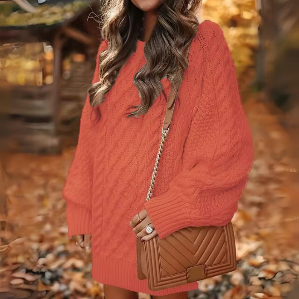 Women's Long Sleeve Jumper Dress | Cable Knit Lantern Sleeves