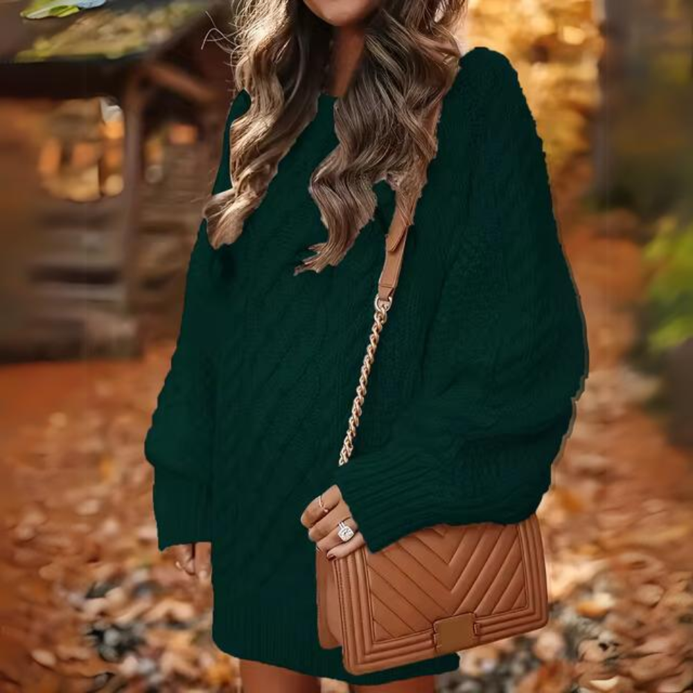 Women's Long Sleeve Jumper Dress | Cable Knit Lantern Sleeves