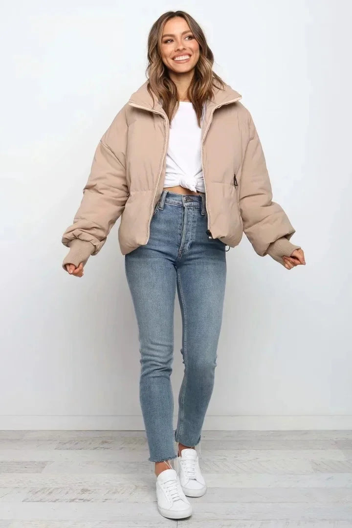 Women's Quilted Puffer Jacket | High Neck With Ribbed Cuffs