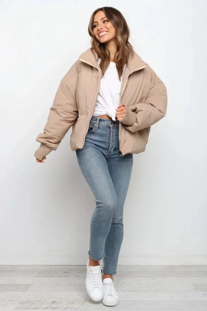 Women's Quilted Puffer Jacket | High Neck With Ribbed Cuffs