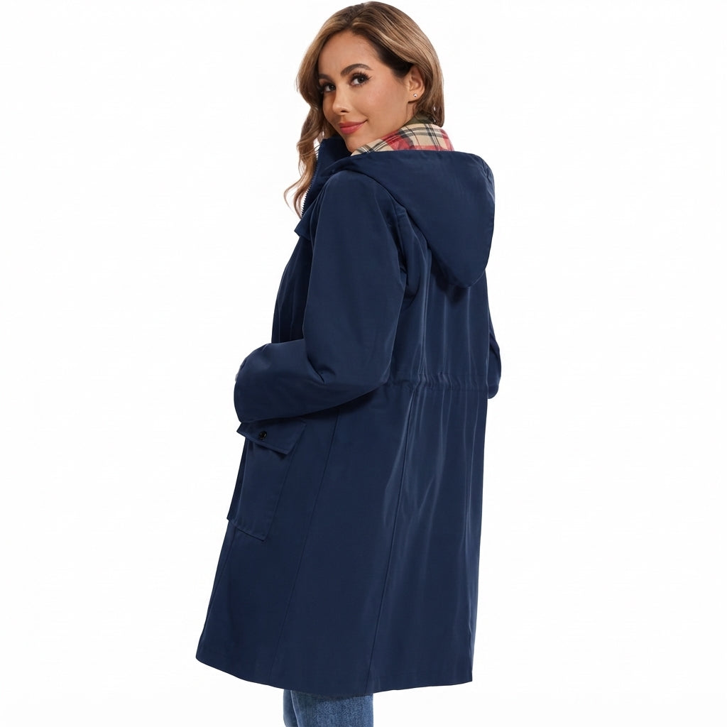Women's Waterproof Hooded Coat | Checked Fleece-Lined Raincoat