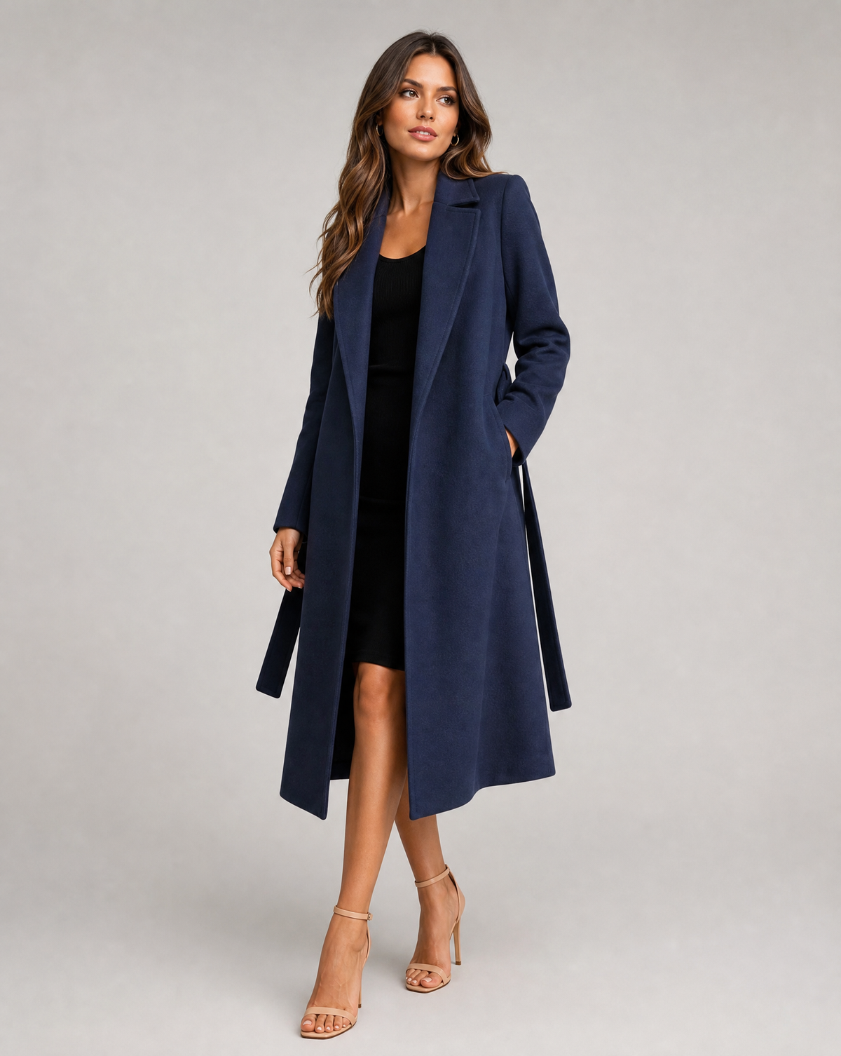 Women's Navy Wool Blend Trench Coat | Long Winter Coat