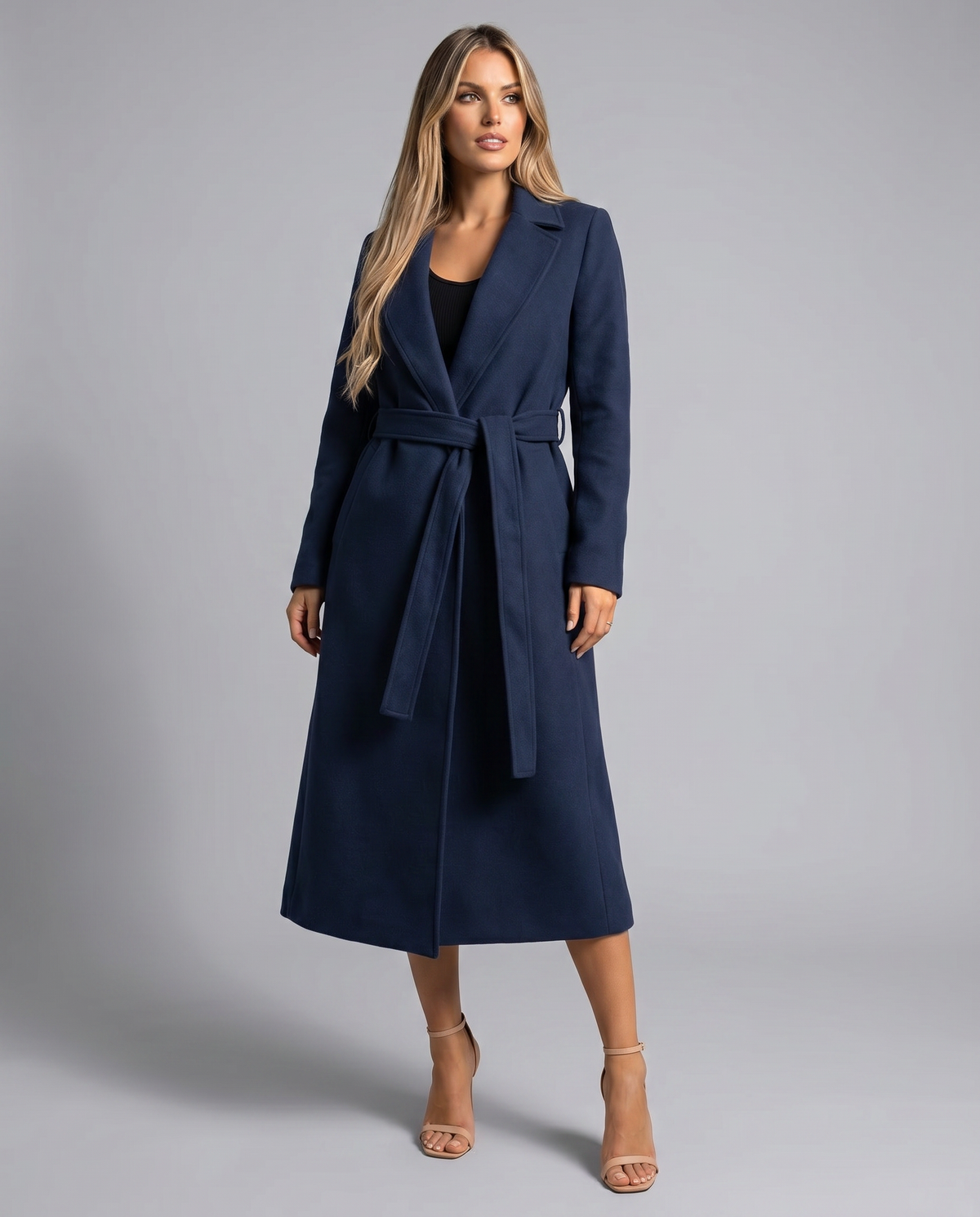 Women's Navy Wool Blend Trench Coat | Long Winter Coat
