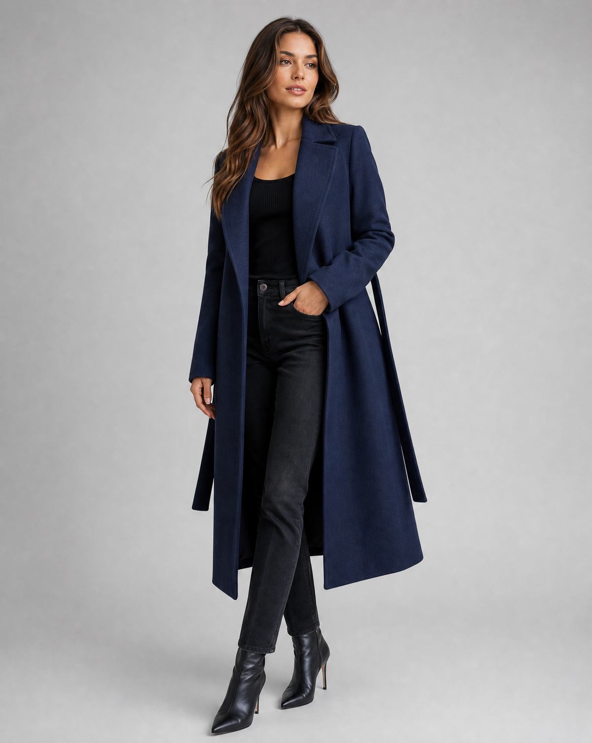 Women's Navy Wool Blend Trench Coat | Long Winter Coat