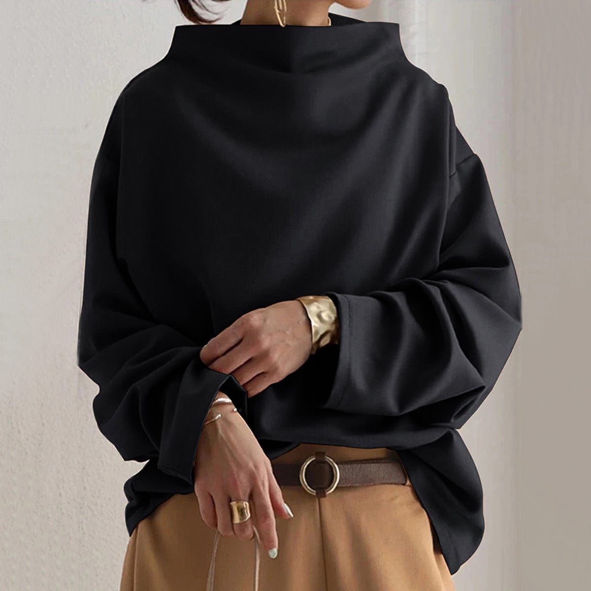 Women's High Neck Knit Top | Relaxed Draped Fit