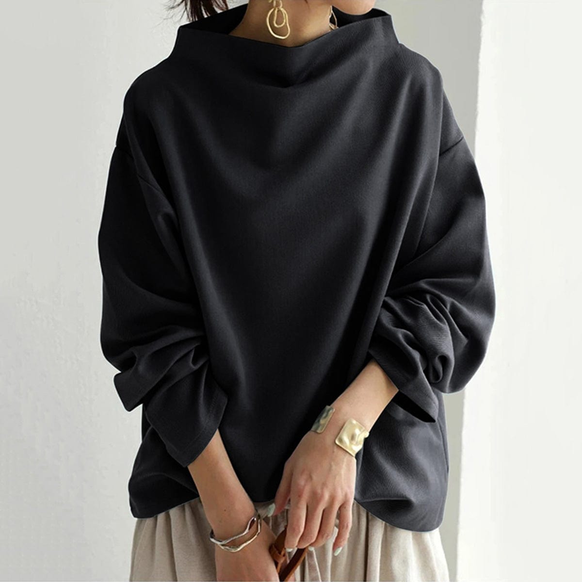 Women's High Neck Knit Top | Relaxed Draped Fit