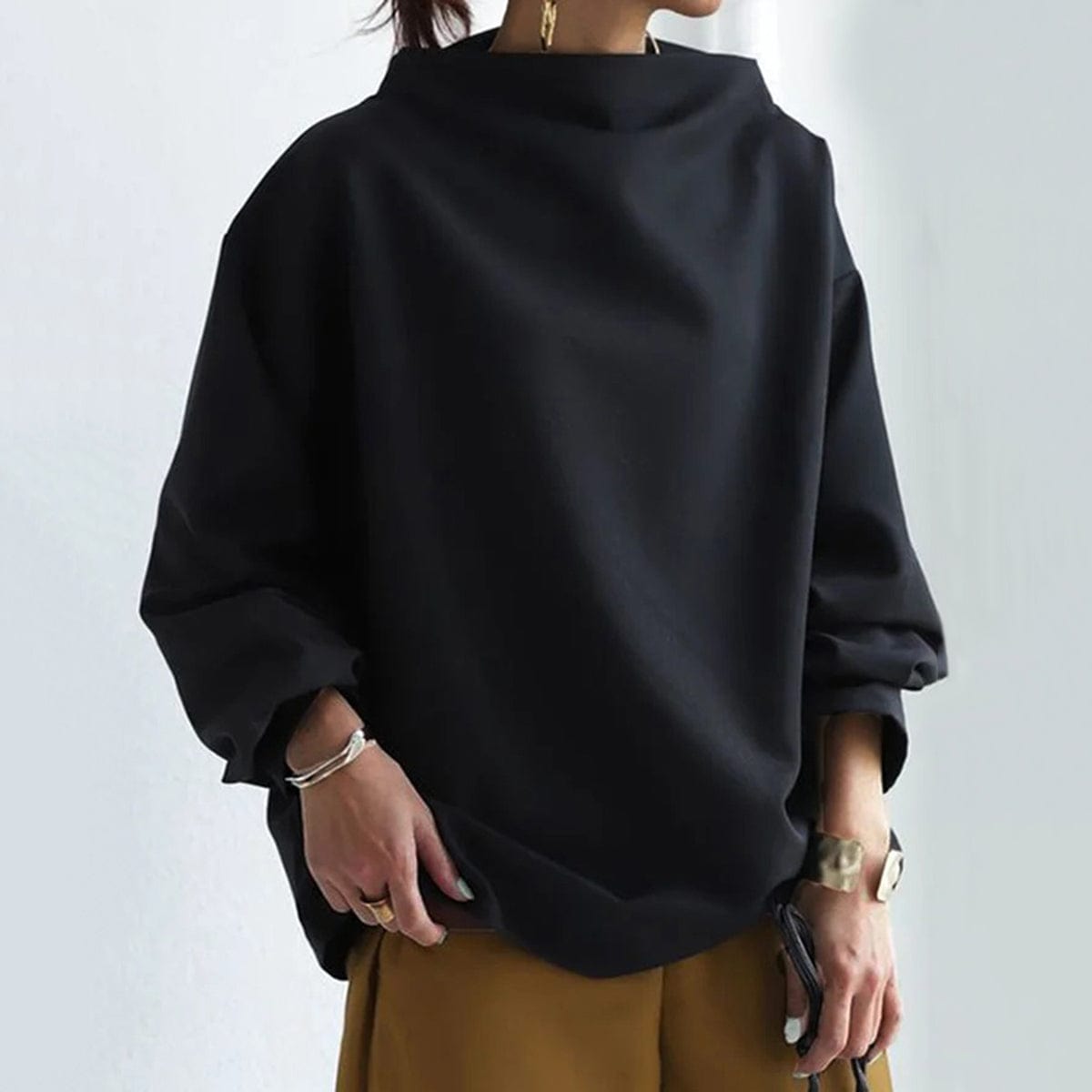 Women's High Neck Knit Top | Relaxed Draped Fit