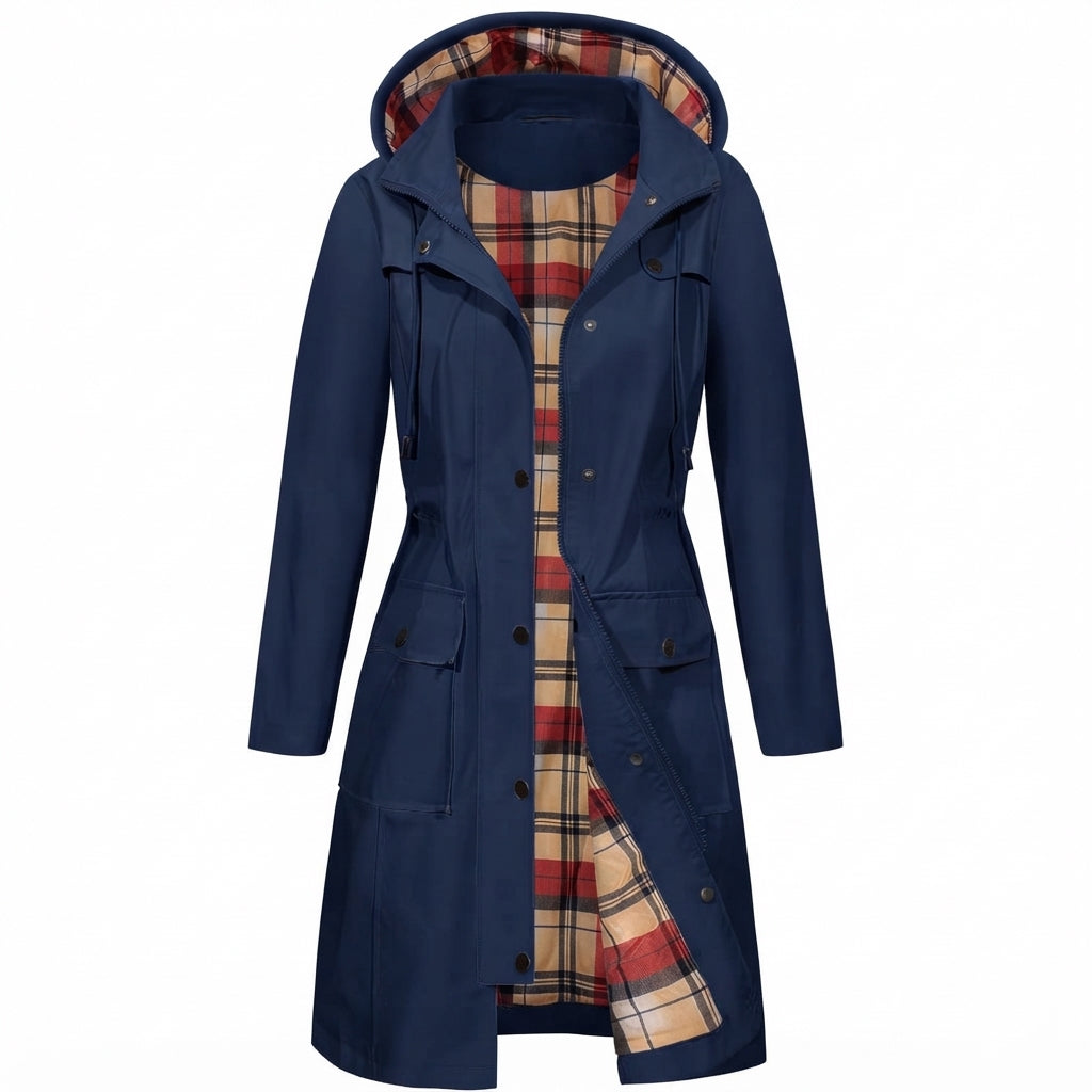 Women's Waterproof Hooded Coat | Checked Fleece-Lined Raincoat