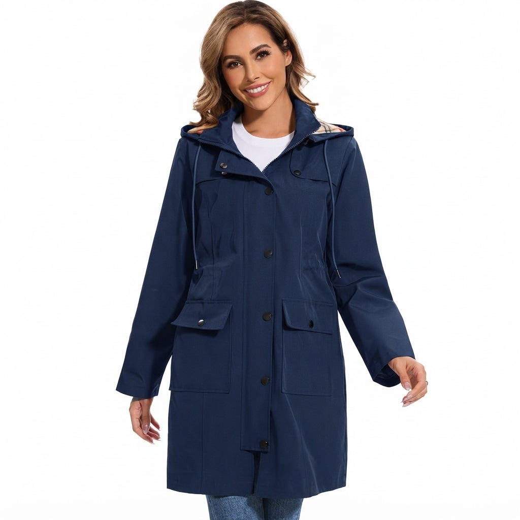 Women's Waterproof Hooded Coat | Checked Fleece-Lined Raincoat