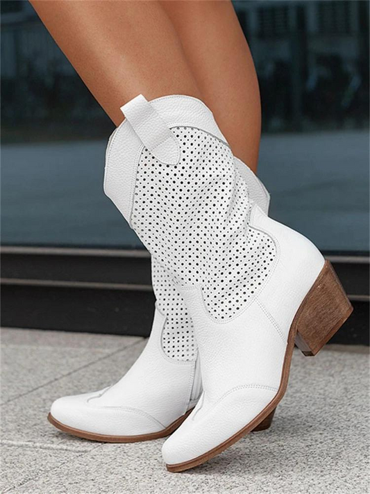 Women's Cowboy Boots | Perforated Leather Low Block Heel