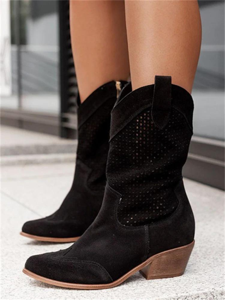 Women's Cowboy Boots | Perforated Leather Low Block Heel