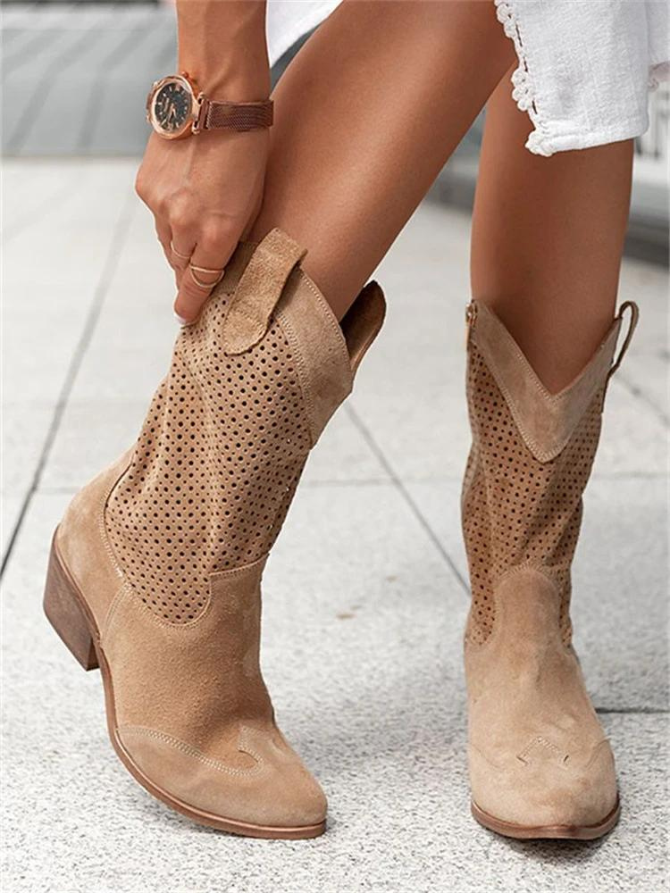 Women's Cowboy Boots | Perforated Leather Low Block Heel