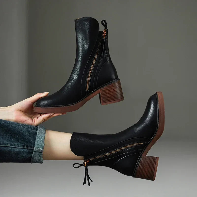 Women's Faux Leather Ankle Boots | Wooden Block Heel & Dual Zip