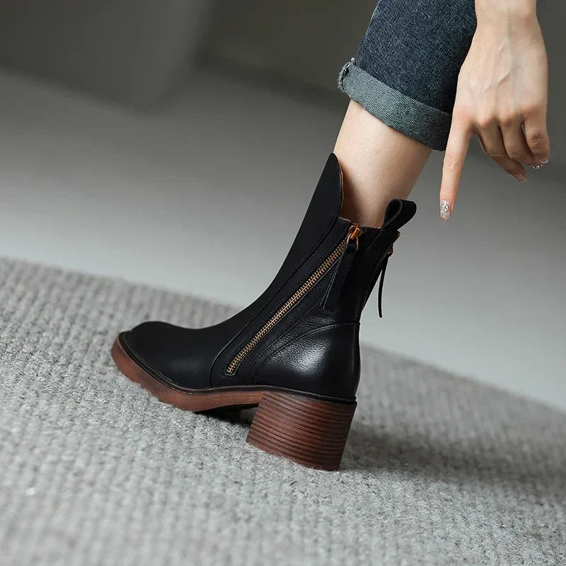 Women's Faux Leather Ankle Boots | Wooden Block Heel & Dual Zip