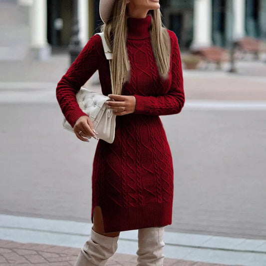 Women's Roll Neck Jumper Dress | Fitted Cable Knit | Pauline