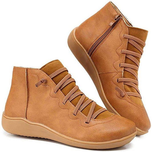 Women's Flat Ankle Boots | Lace-Up Faux Leather With Zip