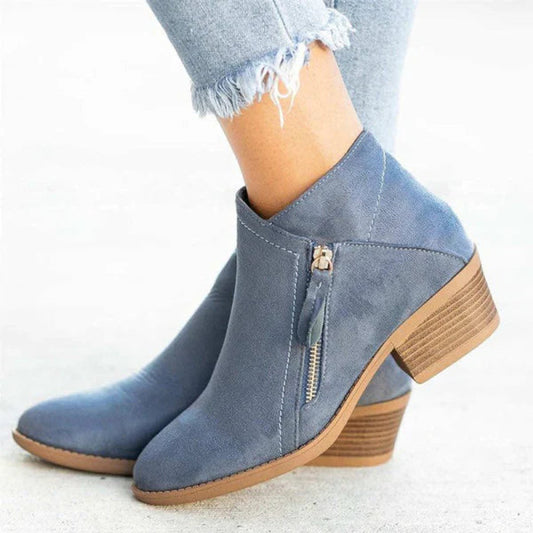 Women's Suede-Look Ankle Boots | Low Block Heel & Zip