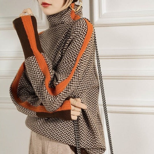 Women's Oversized Roll Neck Jumper | Herringbone Turtleneck
