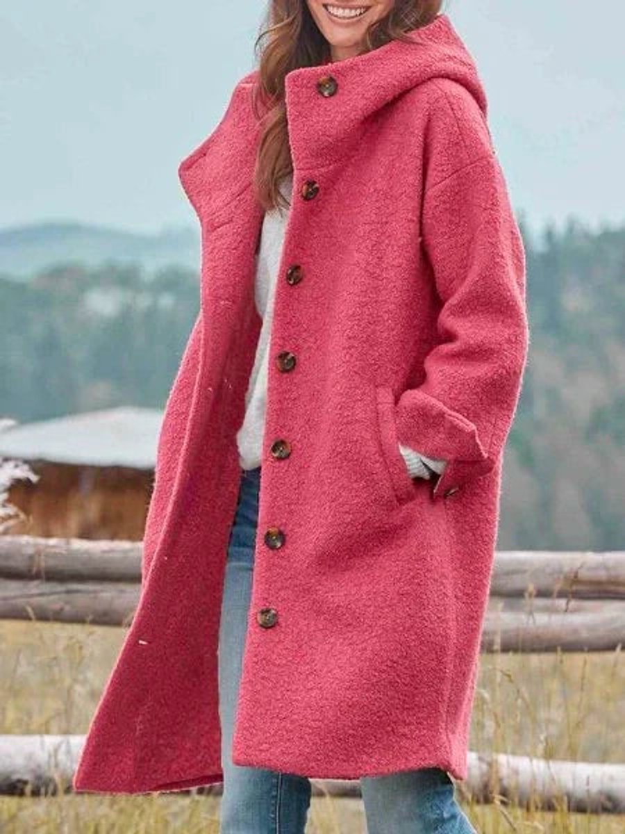 Women's Hooded Winter Coat | Longline Fleece With Buttons